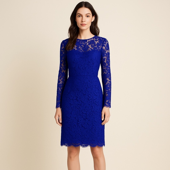 JS COLLECTIONS Blue Lace Long Sleeve Wedding Guest Party Midi Dress Sz 8 NWT NEW - Picture 1 of 16